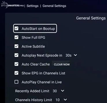 Android app-instellingen pagina voor IPTV Smarters Pro met "Cache wissen" optie