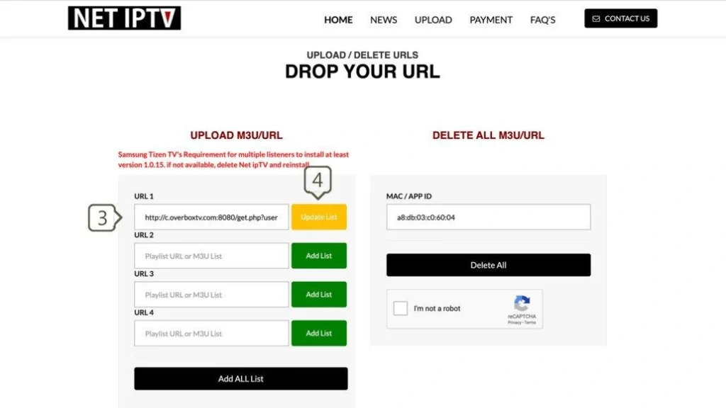 Net IPTV "Add URL" invoerscherm