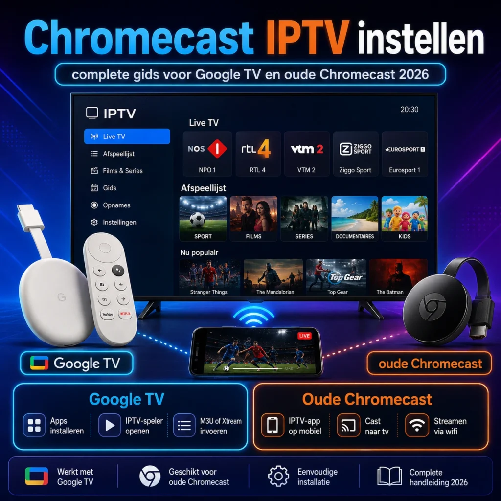 Chromecast IPTV instellen met complete gids voor Google TV en oude Chromecast 2026, inclusief IPTV app, cast functie, smartphone streaming en eenvoudige installatie.
