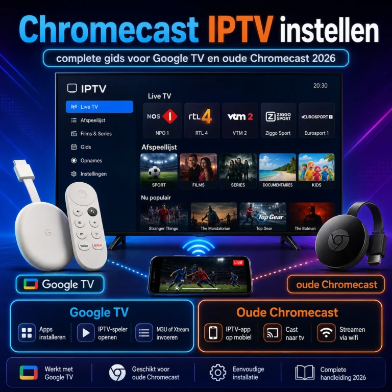 Chromecast IPTV instellen met complete gids voor Google TV en oude Chromecast 2026, inclusief IPTV app, cast functie, smartphone streaming en eenvoudige installatie.