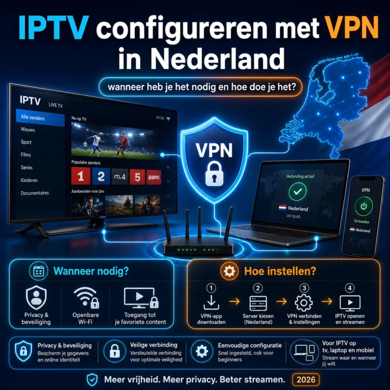 IPTV configureren met VPN in Nederland met uitleg wanneer je een VPN nodig hebt, inclusief privacy, veilige verbinding, Nederlandse server en installatie stappen voor 2026.