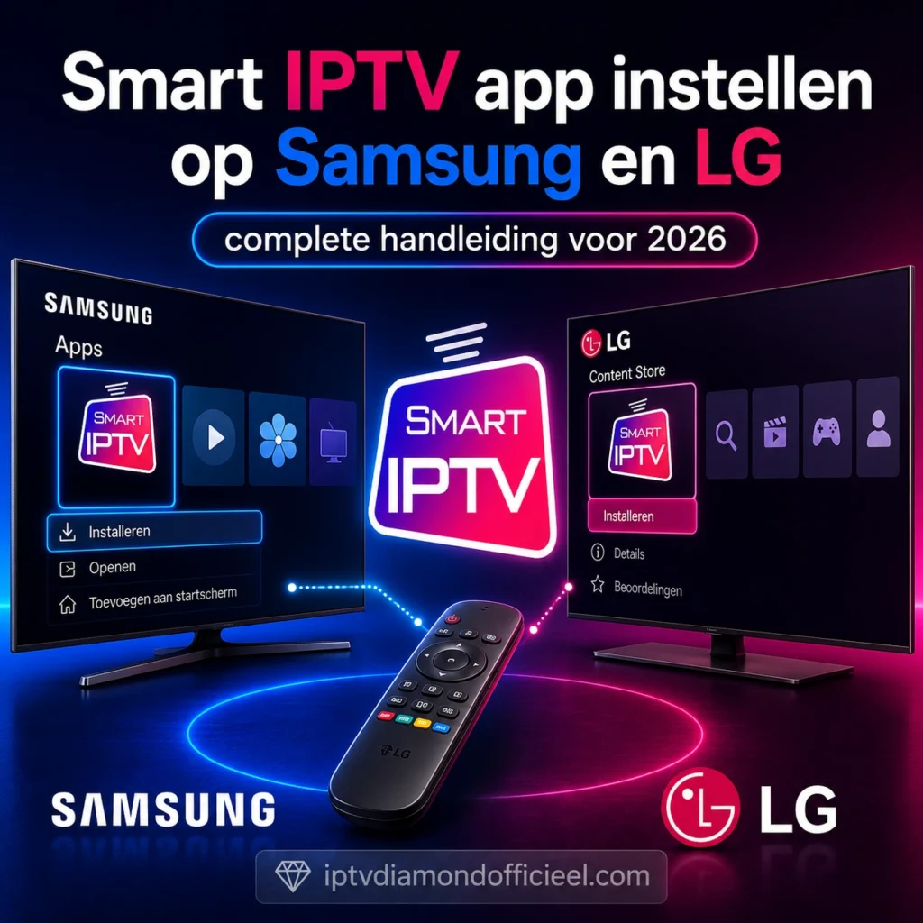 Smart IPTV app instellen op Samsung en LG TV met complete handleiding voor 2026, inclusief app installatie, Smart IPTV logo en IPTVDiamondOfficieel watermark.