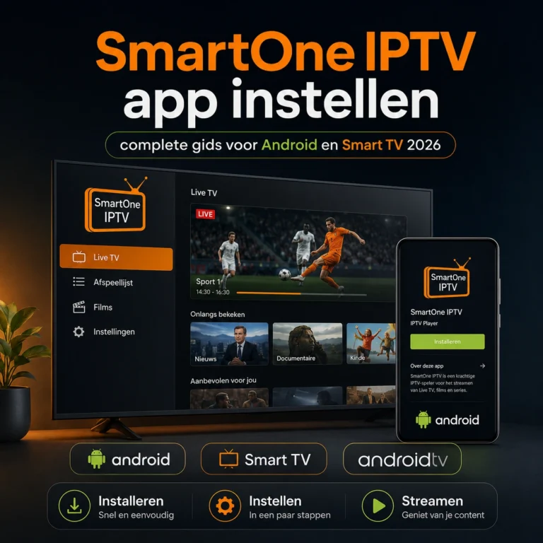 SmartOne IPTV app instellen op Android en Smart TV met complete gids 2026, inclusief installatie, app configuratie, Android ondersteuning en IPTV streamen.