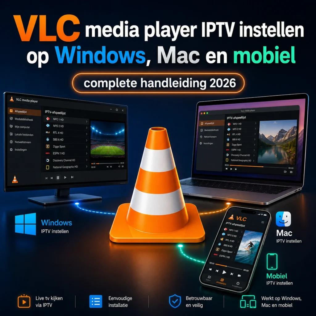 VLC media player IPTV instellen op Windows, Mac en mobiel met complete handleiding 2026, inclusief VLC app, IPTV afspeellijst en streaming setup.