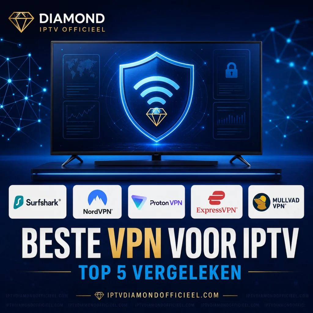 Beste VPN voor IPTV vergelijken met Surfshark, NordVPN, Proton VPN, ExpressVPN en Mullvad VPN op een Smart TV.