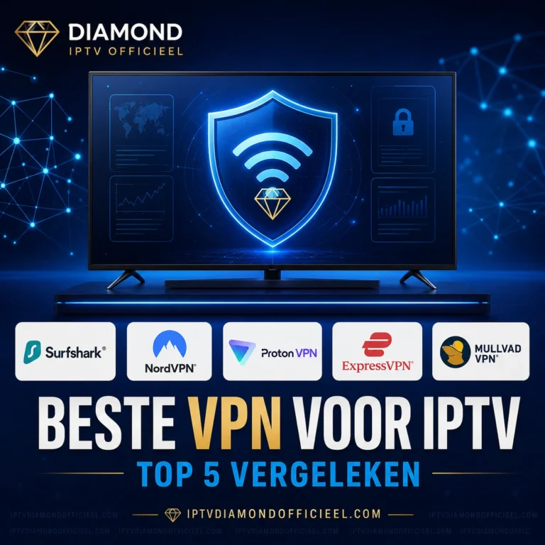 Beste VPN voor IPTV vergelijken met Surfshark, NordVPN, Proton VPN, ExpressVPN en Mullvad VPN op een Smart TV.